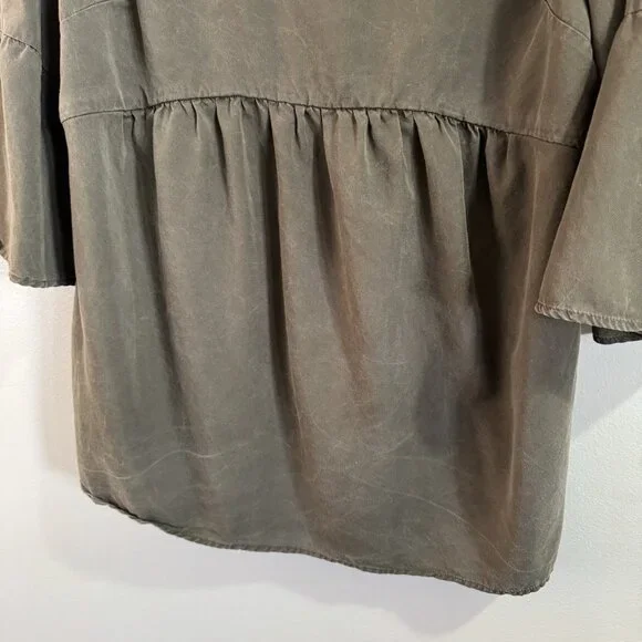 Boden Shirt 12 Curved Seam Tunic Olive Green Mineral Wash Bell Sleeves Boho - Picture 5 of 12